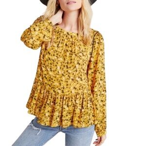 MAEVE Mustard Yellow Floral Blouse Cheyenne Top Peplum Ruffle Boho Autumn Size M
